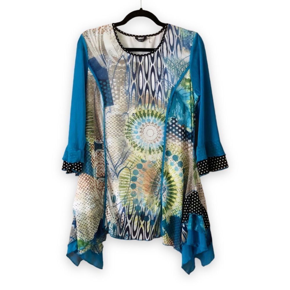 Kaktus Mesh Long Sleeve Printed Tunic Blue Boho Art to Wear Size Medium